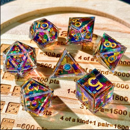 HAOMEJA Double Layered Resin Dice Set 7pcs/ Stained Glass Effect & Gold Numbers/Sharp Edged Polyhedral Dice/Apply to D&D/DND/Role Playing Game/RPG/Party Gift (Rainbow) - color: 3 Rainbow