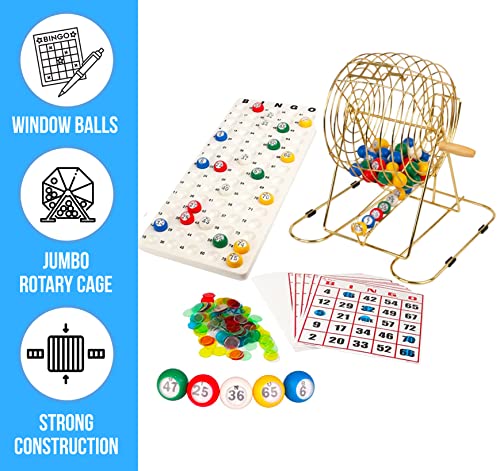 Regal Bingo Gold Professional Bingo Game Set with 11" Wheel Cage, 75 Bingo Balls, Master Board, 18 Bingo Cards & 25 Jumbo Reusable Cards, and Colorful Chips - Bingo Games for Adults Large Group - color: Professional Gold