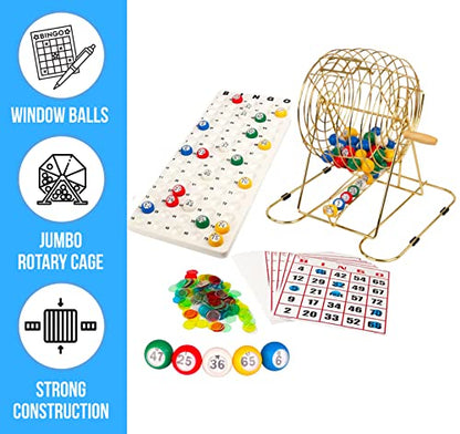 Regal Bingo Gold Professional Bingo Game Set with 11" Wheel Cage, 75 Bingo Balls, Master Board, 18 Bingo Cards & 25 Jumbo Reusable Cards, and Colorful Chips - Bingo Games for Adults Large Group - color: Professional Gold