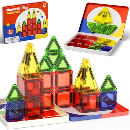 WMXDU Travel Magnetic Tiles Set: Keep Kids Quiet on Planes & in Cars | 26 Tiles -Mess-Free Creative Play. Sturdy Iron Box Doubles as a Building Base. No More Lost Pieces During Travel - style: 26pcs-Orange