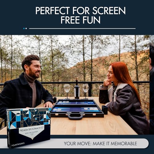 Pointworks 19 Inch Premium Backgammon Sets for Adults Leather Black - Blue. Premium 1.6 Inch Checkers & Dice Set, Travel Backgammon Set, Large, Backgammon Board Game, Backgammon Game Set - color: Black Case - Blue Field