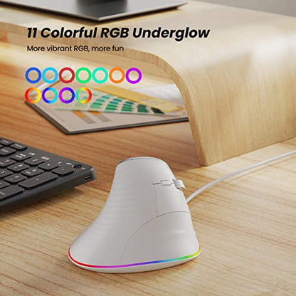 Nulea M504 유선 수직 마우스, USB 인체 공학적 광학 마우스, 4가지 조절 가능한 DPI, 11가지 RGB 백라이트 모드, 노트북, PC, 데스크톱, 맥과 호환, 화이트 - color: C-화이트