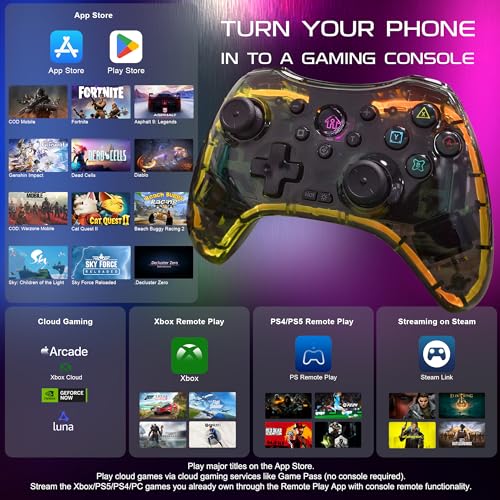 Joso RGB Wireless Mobile Gaming Controller for iPhone, Android, iPad, Tablet, PC, Phone Controller with Phone Clip Supports Cloud Game, COD, Genshin Immpact, Remote Player Gamepad with 2 Back Buttons - color: Black RGB