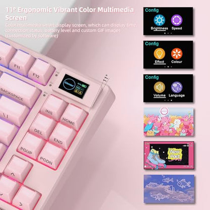 Womier 75% Pink Keyboard Wireless with Color Multimedia Screen | Creamy Mechanical Gaming Keyboard, 3-Modes Hot Swap Cute Key Board w/Wrist Rest, Gasket RGB Custom for Mac/Win (SK80 PRO) - color: Pink