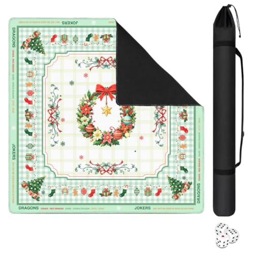 Green Christmas Mahjong Mat for Table, 31.5 * 31.5in Anti Slip Mahjong Table Cover, Noise Reduction, Neoprene Mah jongg Mat with Carrying Bag & 3 Dices, Snowflake Holiday Poker Board Tile Games Mats - color: Christmas01