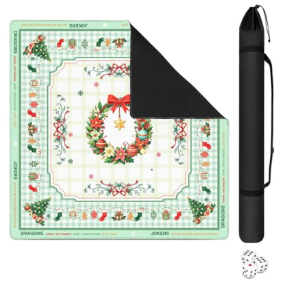 Green Christmas Mahjong Mat for Table, 31.5 * 31.5in Anti Slip Mahjong Table Cover, Noise Reduction, Neoprene Mah jongg Mat with Carrying Bag & 3 Dices, Snowflake Holiday Poker Board Tile Games Mats - color: Christmas01