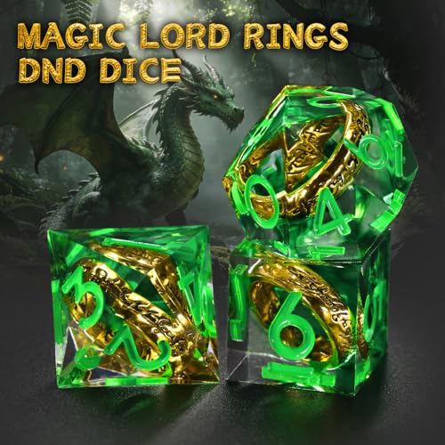 FONVGOGO Magic Lord Rings DND Dice Set, Sharp Edge Resin D and D Dice with Box 7Pcs Dungeons and Dragons Polyhedral Dice Set for Role Playing Game Gift Tabletop Games (Ring Green) - color: Ring Green