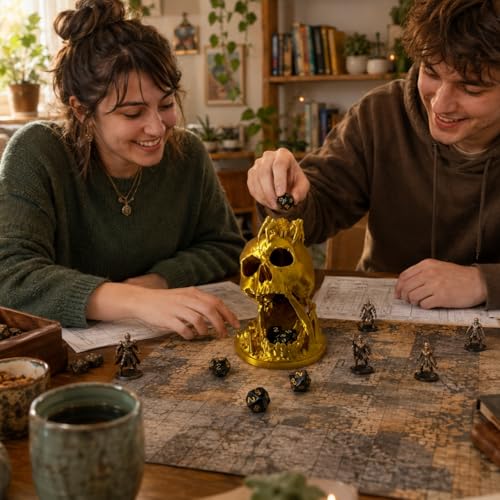 Skull Dice Tower Dungeons and Dragons RPG abletop Roleplaying Game Jail D&D (Random 7PCS D20 Dice Set Included) Gold - color: Glod