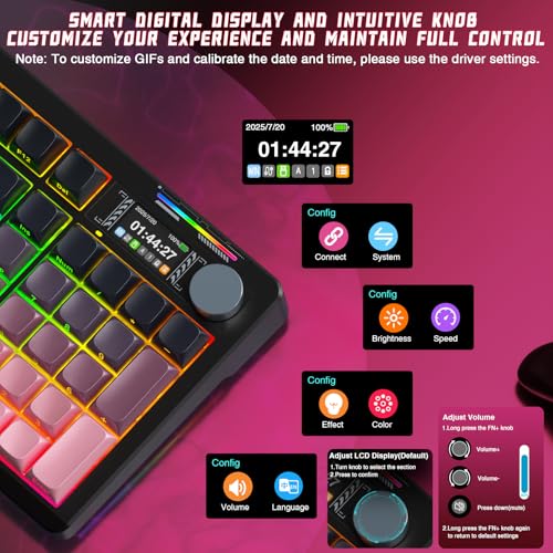 LINGBAO K98 PRO Mechanical Keyboard Wireless, with Screen & Knob,RGB Gaming Keyboard, Tri-Mode BT5.0/2.4GHz/USB-C, Gasket Mount Hot-Swappable Linear Switches Gamer Keyboards for PC/Mac/Linux/Android - color: K98Pro | 10000mAh | Gradient Black Pink