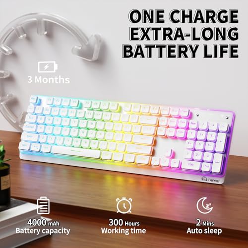 ZIYOU LANG M104 RGB Wireless Keyboard, Low-Profile Silent Membrane Keys, 2.4G Bluetooth USB Wired, Spill-Resistant, Rechargeable Full-Size 104-Key Keyboard for PC Mac, White - color: White