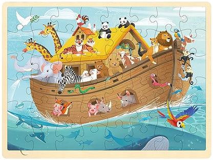 Wooden Noah's Ark Puzzle for Kids Ages 3-5, 48 Piece | Puzzles for Kids Ages 4-8 with Tray, Religious Scene Christian Bible Wooden Jigsaw Puzzle for 3 4 5 6 7 8 Year Old - style: 48 Piece