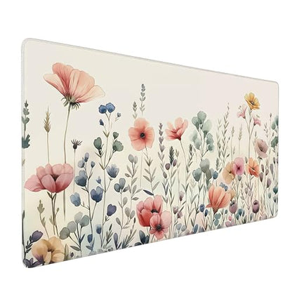 Mouse Pad, Watercolor Floral Design, XXL Gaming Desk Mat 35.4 x 15.7 Inches, Non-Slip Rubber Base, Pink and Blue - color: Floral