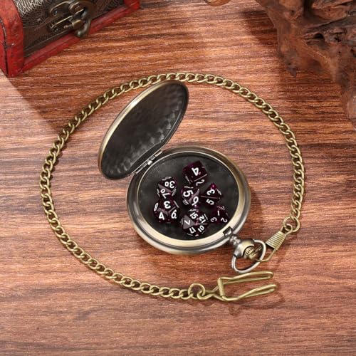 3 Head Dragon Small D&D Dice Set, Steampunk Bronze Pocket Watch Shell Case, 7pcs Polyhedral Acrylic DND Dice, Dragon Gift Bag, RPG Tabletop Games Accessories, DND Starter Set, Purple Dice - color: 3 Dragon Head D
