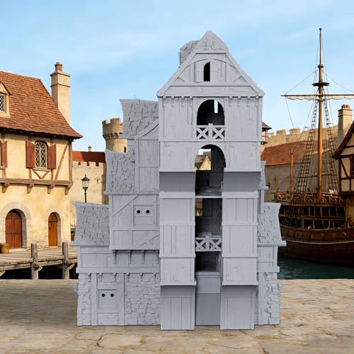 AUSPDICE DND Terrain 28mm 도크 빌딩, 도색되지 않은 다층 TTRPG 풍경 | 1:56 스케일 18피스 수직 포트 빌딩, 탈착식 바닥과 던전 앤 드래곤을 위한 디테일한 내부 - AF1154H - color: Af1154h Dock Buildings H