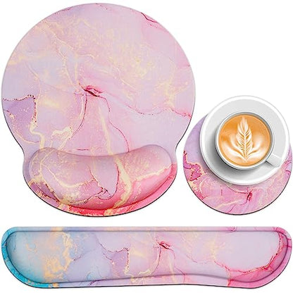 Mouse Pad with Wrist Rest Pink, 3-in-1 Wrist Support Mousepad Set, | Gaming with Anti-Skid Base,Ergonomic Mouse Pad,Memory Foam Keyboard Gel Wrist Rest - color: Pink Blue Marble