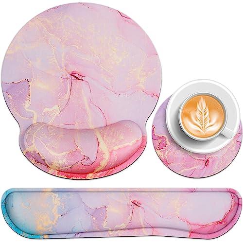 Mouse Pad with Wrist Rest Pink, 3-in-1 Wrist Support Mousepad Set, | Gaming with Anti-Skid Base,Ergonomic Mouse Pad,Memory Foam Keyboard Gel Wrist Rest - color: Pink Blue Marble