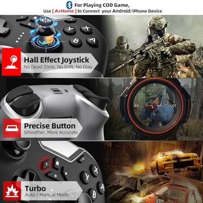 Bluetooth Controller for Switch/PC/iPhone/Android/Apple Arcade MFi Games/TV/Steam, Hall Effect Joysticks Wireless Game Controller Gamepad with/Phone Clip/Lock Speed/Macro/6-Axis Gyro/Dual Motors/Turbo - color: Black