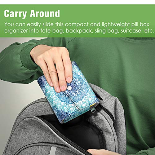FINPAC Weekly Pill Organizers 4 Times A Day, Slide Open PU Leather Case Travel Pill Vitamin Medicine Reminder and Planner with Name Card for Morning| Afternoon| Evening| Bedtime (Emerald Illusions) - color: Emerald Illusions