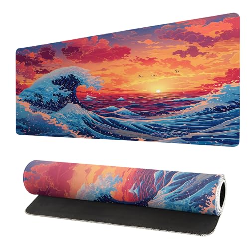 Gaming Mouse Pad Desk Pad,Extended Big Mouse Pad,31.5x11.8 Inch Long Computer Keyboard Mouse Mat Mousepad with 3mm Non-Slip Base and Stitched Edge for Gaming and Office… (Sunset Wave) - color: Sunset Wave