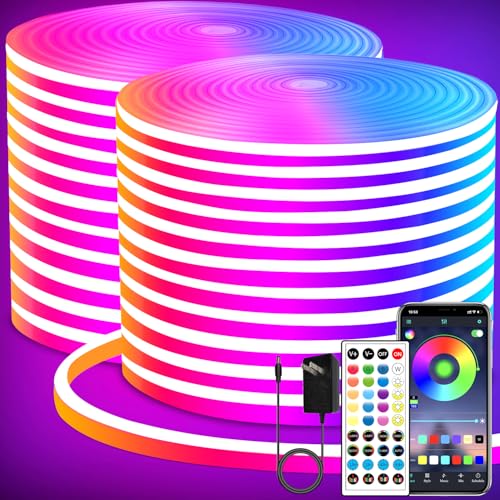 segrass LED neon Lights Strip 132FT,DC 24V RGB LED neon Light Strip APP Remote Controls Control Waterproof Flexible Neon LED Rope Lights for Bedroom,Playroom,Outdoors Decor（2 Rolls of 66ft） - size: 132FT