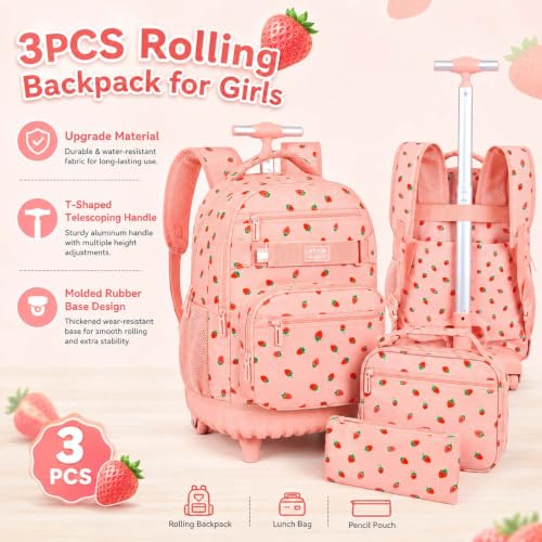 3Pcs Rolling Backpack for Girls Women, Travel Roller Backpacks with Wheels for Adults, Teens College Strawberry Wheeled Bookbag with Lunch Box (Pink) - color: Strawberry Pink