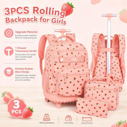 3Pcs Rolling Backpack for Girls Women, Travel Roller Backpacks with Wheels for Adults, Teens College Strawberry Wheeled Bookbag with Lunch Box (Pink) - color: Strawberry Pink