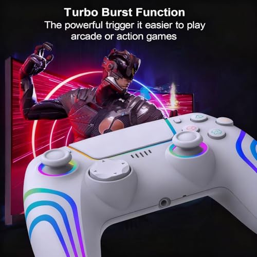 RGB Wireless Game Controller for PlayStation 5 Bluetooth Replacement Gamepad for PS-5/ Windows PC Rechargeable Double Vibration Motion Sensor Joystick Remote Joypad with 1500mAh Battery,Turbo (White) - color: White
