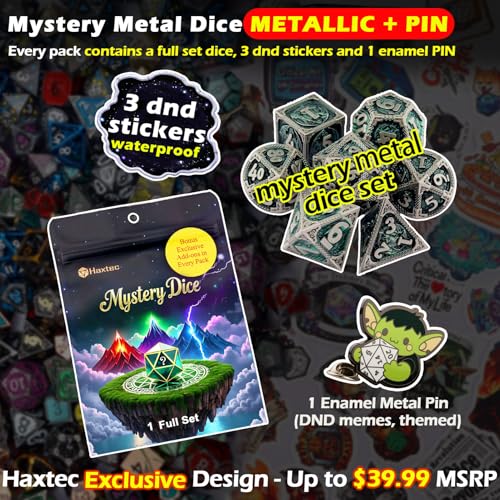 Haxtec Mystery Metal DND Dice Set 7pcs Polyhedral Dice + 3 Funny Waterproof Stickers + 1 Enamel Pin, Metal Dice for Dungeons & Dragons, Possible Hollow Dice, Great DND Gift, No Duplicates in 2/5 Packs - style: Metallic + Pin