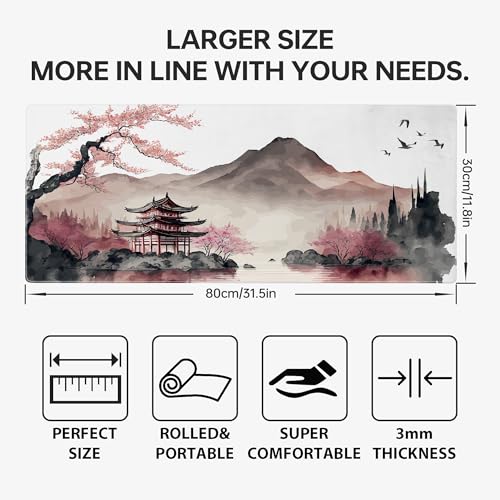 Japanese Cherry Blossom Large Gaming Mouse Pad,Mouse Pad Gaming for Desk 31.5 x 11.8 in Mouse Mat Desk Pad,Extended Keyboard Mousepad Desk Mat with Non-Slip Base and Stitched Edge for Gaming Office - color: Cherry Blossom Mountain