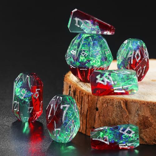 FONVGOGO Resin DND Dice, Dungeons and Dragons Dice Set DND with Box Polyhedral D and D Dice 7 Piece Role Playing Dice（Green and Silver） - color: S Green and Silver