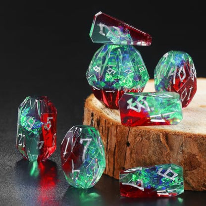 FONVGOGO Resin DND Dice, Dungeons and Dragons Dice Set DND with Box Polyhedral D and D Dice 7 Piece Role Playing Dice（Green and Silver） - color: S Green and Silver