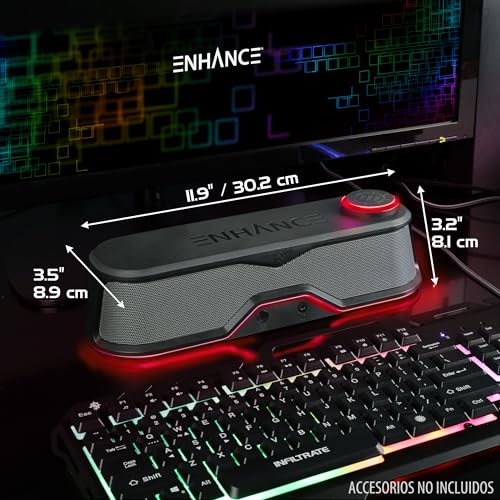 ENHANCE SB1 High Excursion Computer Soundbar - USB Powered Computer Speaker, Under Monitor Speaker with 10W Peak, LED Volume Control Knob, Headset Pass Through, Gaming Soundbar for PC - color: Red