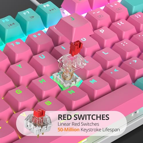 surmen Full Size Pink Creamy Keyboard with Number Pad, 104 Keys RGB Wired Mechanical Gaming Keyboard Backlit with PBT Keycaps Linear Red Switch for Laptop Desktop PC Gamers（104 Miami） - color: 104 Miami