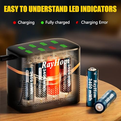 8-Pack 3400mWh Rechargeable Lithium aa Batteries with Charger | 1.5V Constant, 8-Slot Double A Li-ion Charger Storage Box with Smart Charging, Multiple Charging Protections - color: 8AA+Charger-1