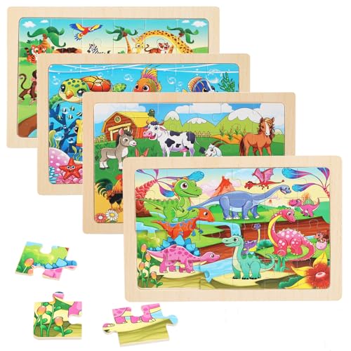 Puzzles for Kids Ages 4-6, 4 Packs 24 Piece Wooden Jigsaw Puzzle for Toddlers 5-8, Preschool Educational Puzzle Boards Toys Gifts for 4 5 6 7 8 Boys Girls - color: Animal World