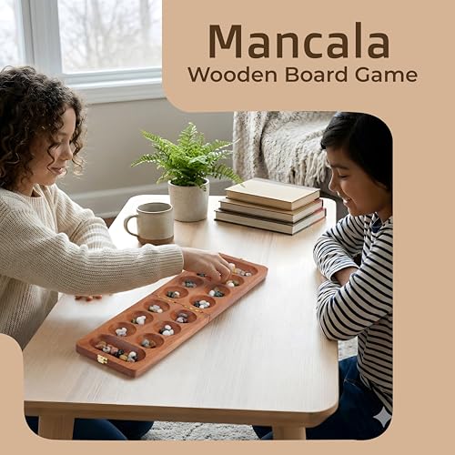Ajuny Wooden Mancala Board Game Folding Travel Set with 80 Marbles 2 Player | Classic Counting Strategy Activity for Kids Adults Families Portable Entertainment Educational Tabletop Indoor Fun Night Play - size: 9.5 Inch