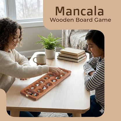 Ajuny Wooden Mancala Board Game Folding Travel Set with 80 Marbles 2 Player | Classic Counting Strategy Activity for Kids Adults Families Portable Entertainment Educational Tabletop Indoor Fun Night Play - size: 9.5 Inch