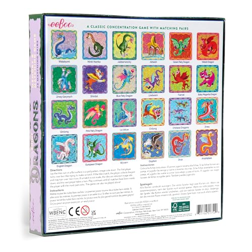 eeBoo Shiny Dragons Memory & Matching Game, Ages 3+, 1-4 Players | Introduces mythical dragons. Sharpens recognition, concentration & memory skills. Includes 48 foil tiles, 24 pairs - style: Shiny Dragons