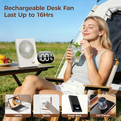 Zuvas Desk Fan Small Rechargeable Battery Table Fans for travel Ultra Quiet | 180° Tilt Folding, LED Dislay, Portable Fan Slim Design, 3 Speed Adjustable, for Office Bedroom Desktop, Cruise Essentials - color: White