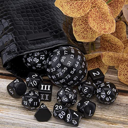 AUSTOR 15 Pieces Complete Polyhedral Dice Set D3-D100 Game Dice Set with a Leather Drawstring Storage Bag for Role Playing Table Games(Black & White) - color: Black & White
