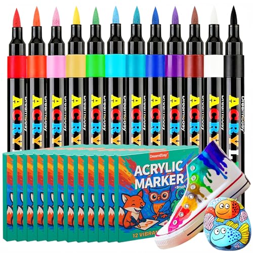 Acrylic Paint Markers, 144 Pack with 12 Colors Brush Tip Acrylic Paint Pens for Painting on Rocks, Canvas, Ceramic, Wood, Glass for Artists and Adults, Gift, Holiday Decorations & Art Supplies