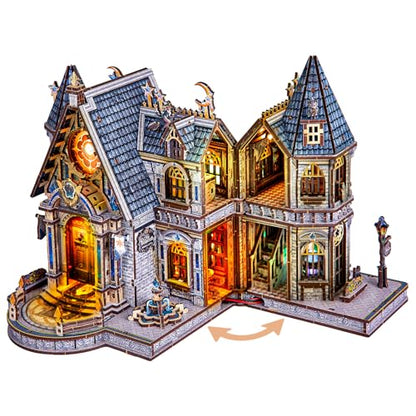 LED 3D Wood Puzzle, School for Wizards with Lighting DIY Wooden Miniature Building Kit Architecture Model