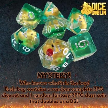 Forged Dice Co. Dice Goblin Mystery Dice Set of 7 - Resin or Plastic - with Mystery Metal RPG Class Coin