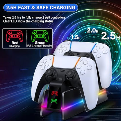 PS5-Controller-Charger-Station - Charging Station for PlayStation 5 Dualsense/Edge Controller with 9 Color Led Light, Fast Charging Dock & Holder Stand for PS5/Slim/Pro Remote - Whole Black - color: Whole Black P48