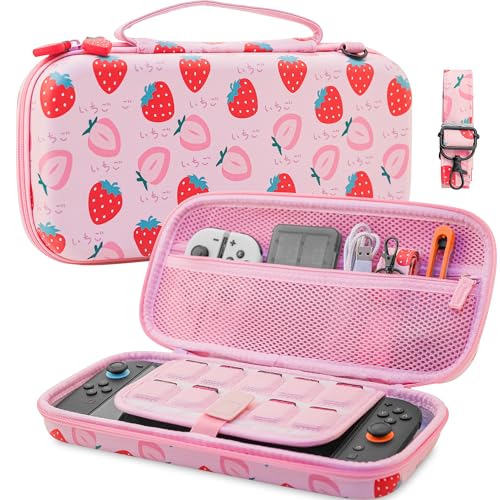 RHOTALL Pink Strawberry Carrying Case for Nintendo Switch 2 (2025) 7.9'', Cute Slim Hard Protective Travel Carry Case with 9 Game Cartridges Slots, Accessories Bundle Holder, Shoulder Strap - color: pink 12