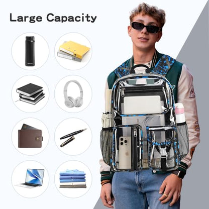 Large Clear Backpack Heavy Duty For Stadiums Events,16in TPU Blue BookBag | Large capacity See Through strong Plastic backpack Stitch Durable Design 6-Pocket For School carry Airport Quick Security - color: Blue