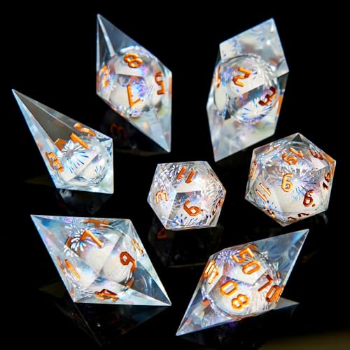 Liquid Core Fireworks DND Dice Set - 7 Pcs Sharp Edge Resin Polyhedral for Roleplaying Games, Dungeons and Dragons (White - color: Liquid-fireworks