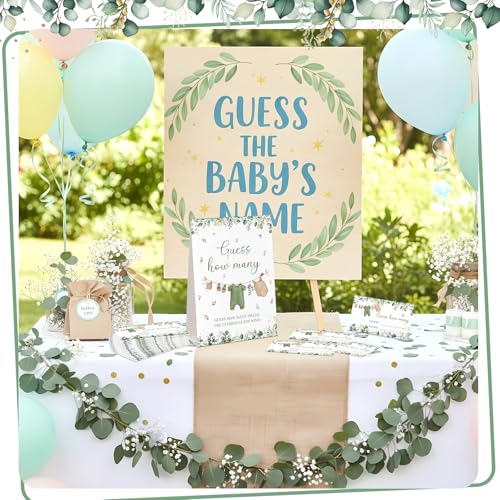 Woodland Guess How Many Baby Shower Game Pack of 1 Tabletop Sign with Stand and 50 How Many Cards, Green Clothes Gender Reveal Party Game Decoration - style: Woodland