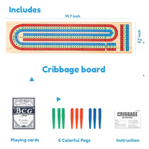 Cribbage Board Game Set - Complete Cribbage Kit for 2-4 Players - Includes 9 Pegs, Deck of Playing Cards & Continuous 3 Track Board - Perfect for Family Game Night & Travel (Ages 8+)