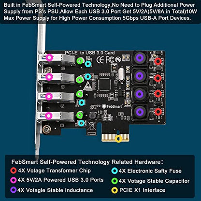 PCIE 4-Ports Superspeed 5Gbps USB 3.0 Expansion Card for Windows 11, 10, 8.x, 7, Vista, XP Desktop PCs, Built in FebSmart Self-Powered Technology, No Need Additional Power Supply (FS-U4L-Pro)